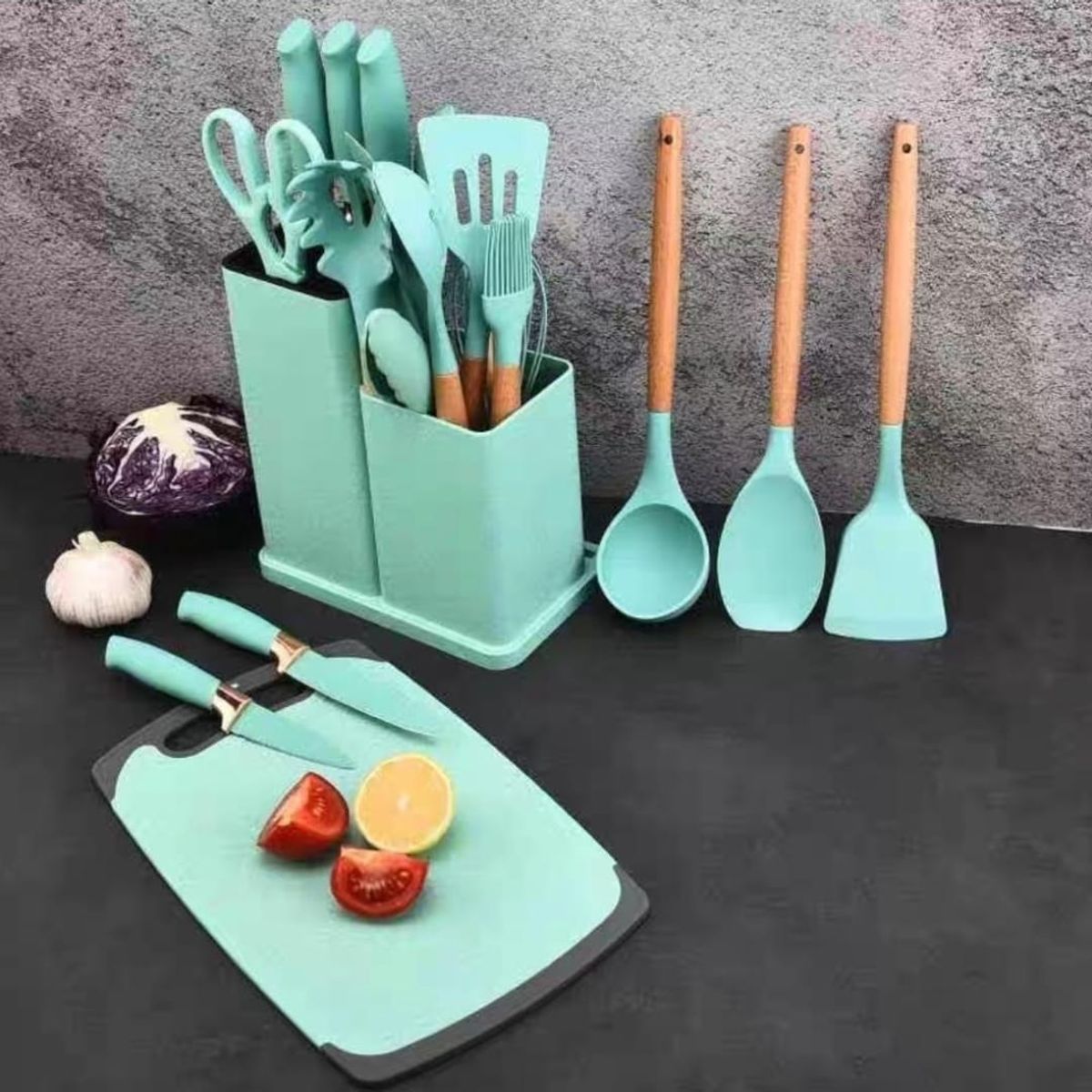 GENERICO - UTENSILIO SILICONA PARA COCINA ANTIADHERENTE TURQUESA SET 19 PIEZAS