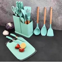 GENERICO - UTENSILIO SILICONA PARA COCINA ANTIADHERENTE TURQUESA SET 19 PIEZAS