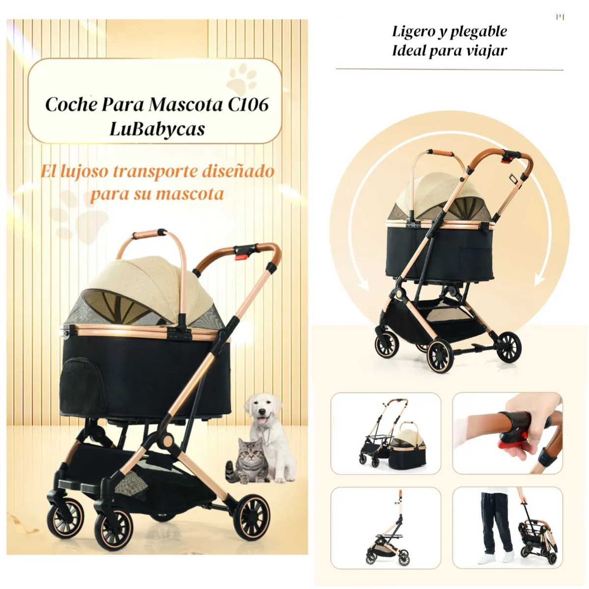 LUBABYCAS - Coche Para Mascotas Premium 2 En 1 C106 Negro LuBabycas