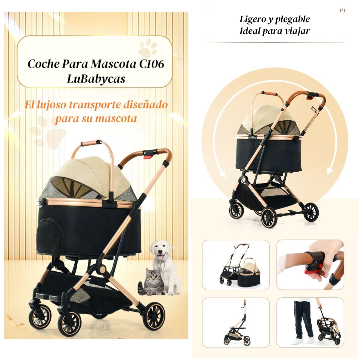 LUBABYCAS - Coche Para Mascotas Premium 2 En 1 C106 Rosado Lubabycas