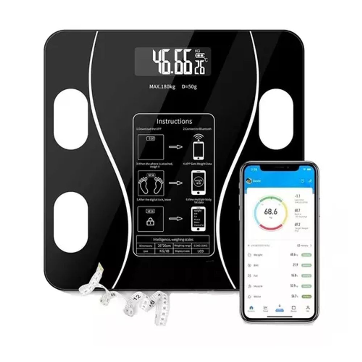 GENERICO - Pesa digital de baño inteligente recargable bluetooth app negro