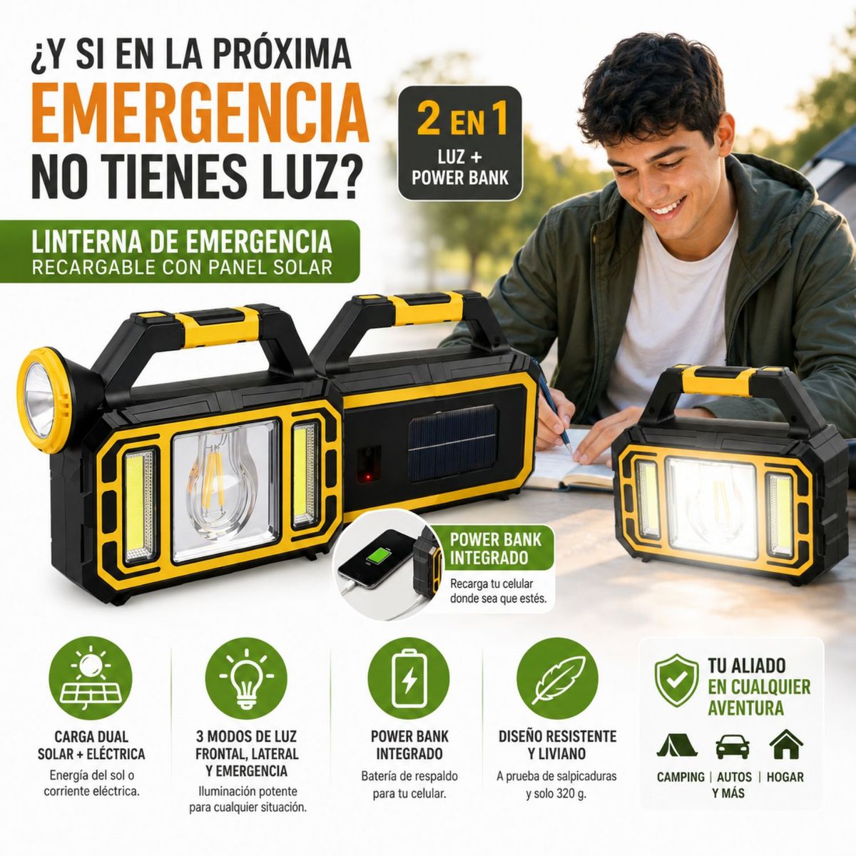 GENERICO - Linterna de Emergencia Recargable con Panel Solar