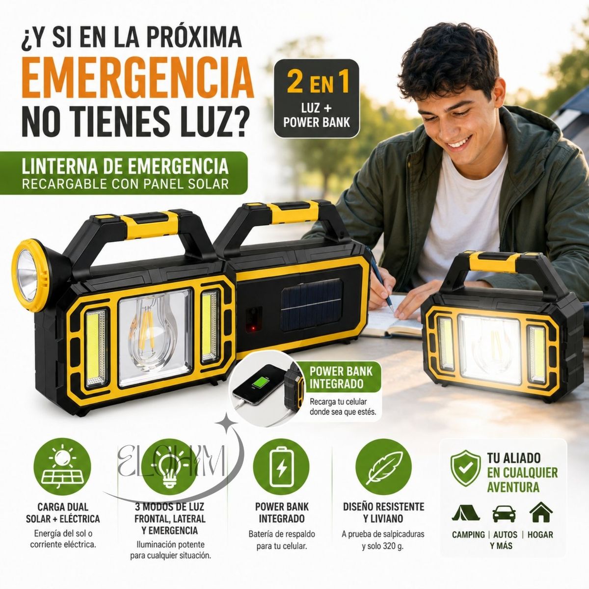 GENERICO - Linterna de Emergencia Recargable con Panel Solar