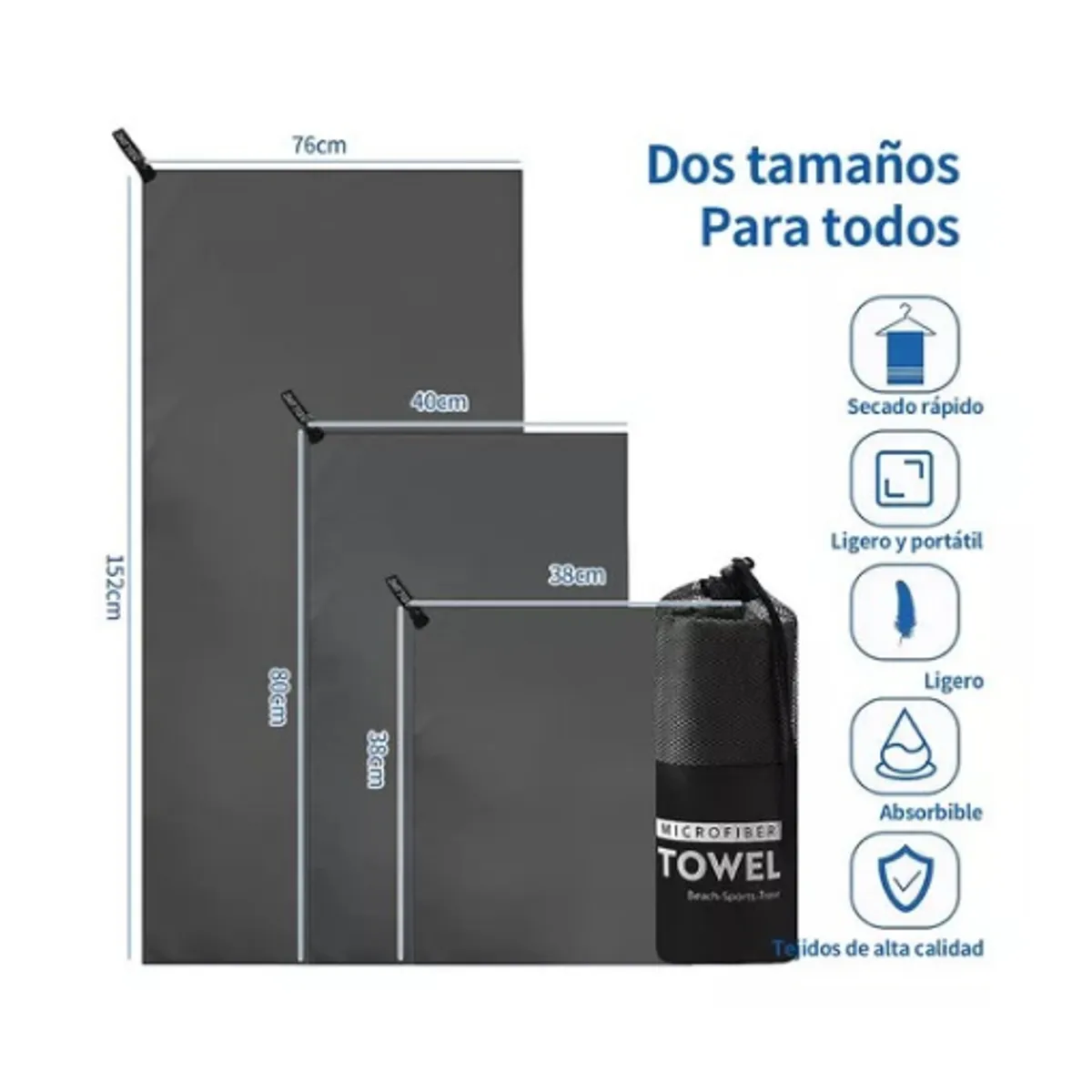 GENERICO - Toalla baño viaje microfibra secado rápido pcs gris oscuro