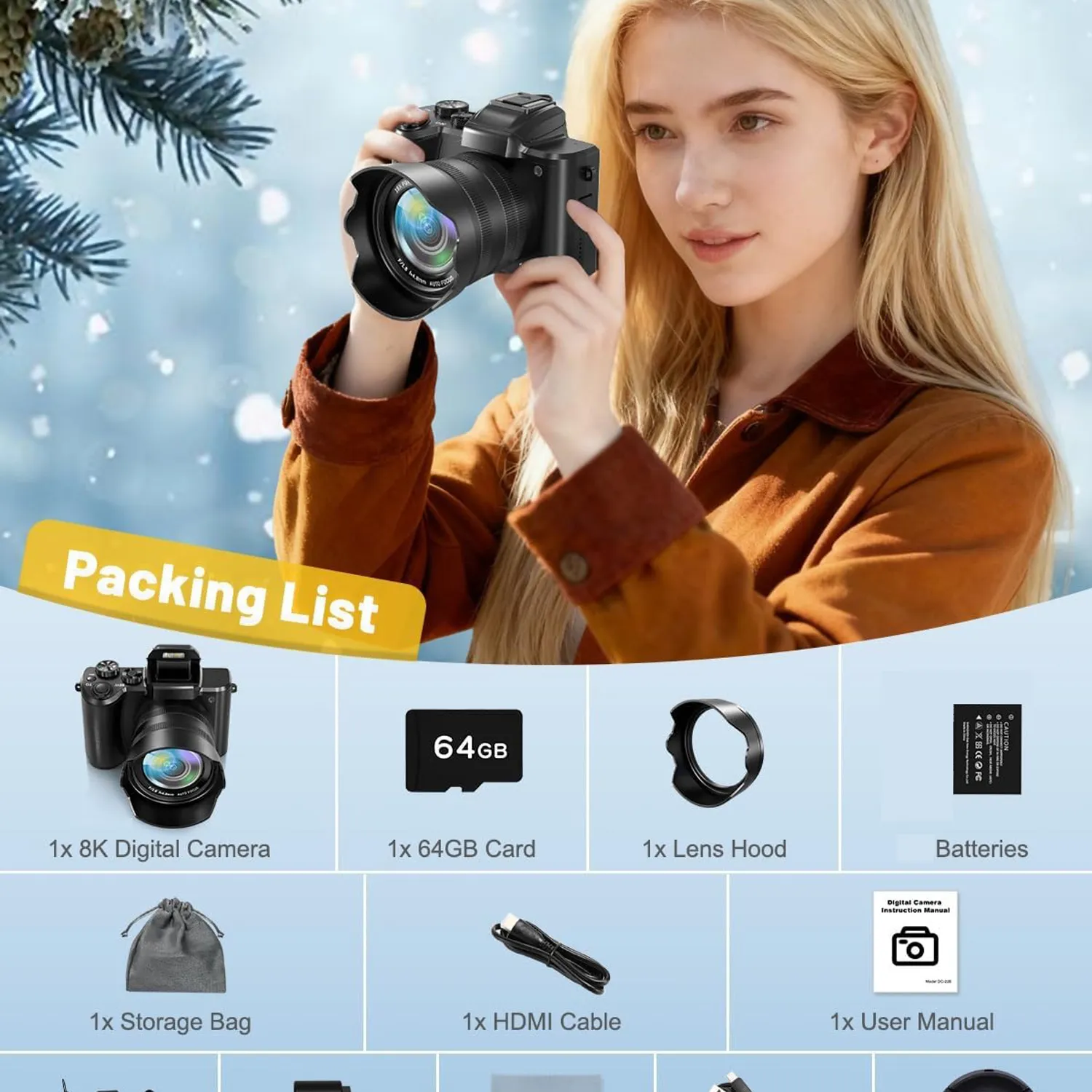 RENVMEXY Cámara Digital 8K/48MP WiFi, 2 Lentes + Flash LED DC226