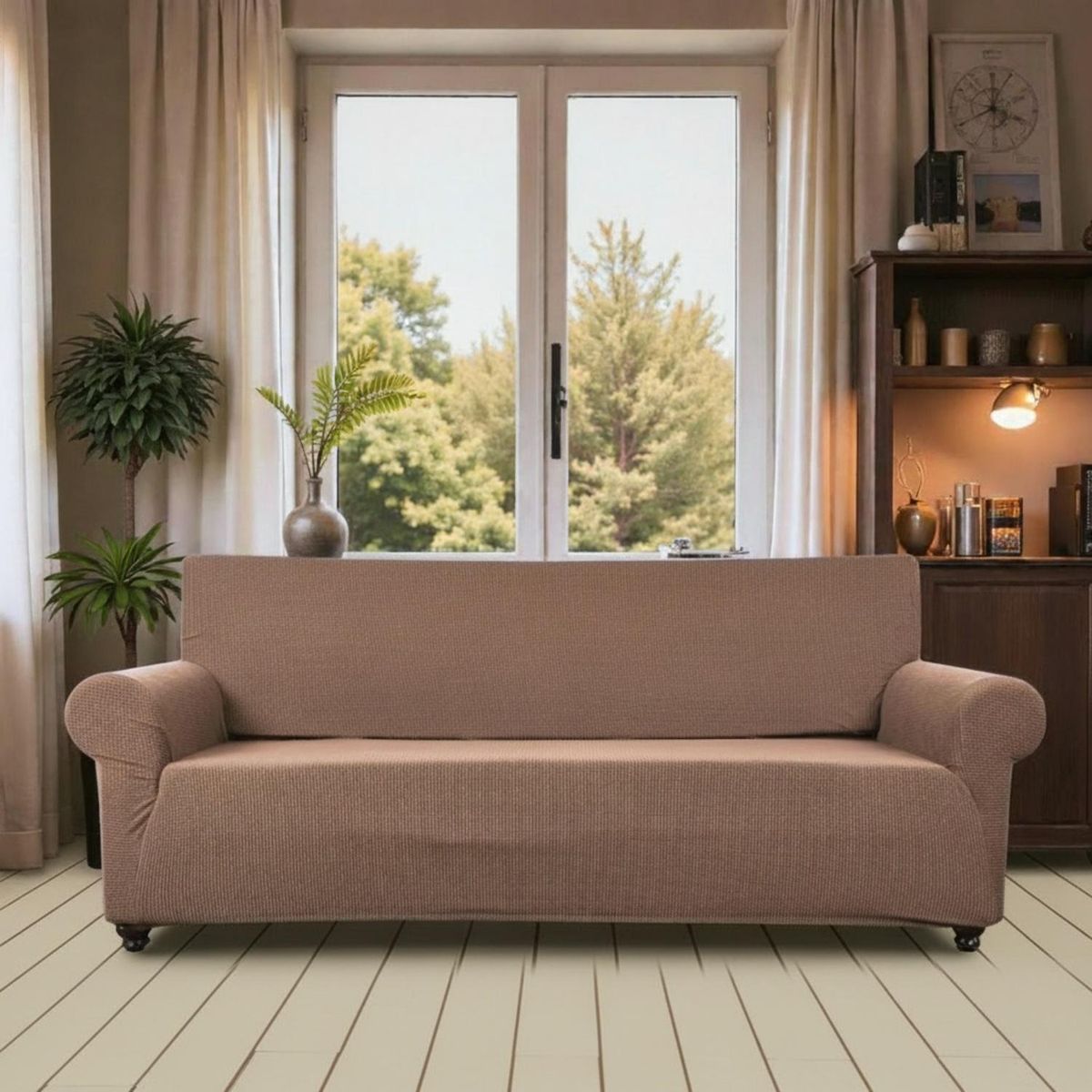 GENERICO - Funda Protectora Para Sofá De 3 Cuerpos Tela Cuadrille - Caqui