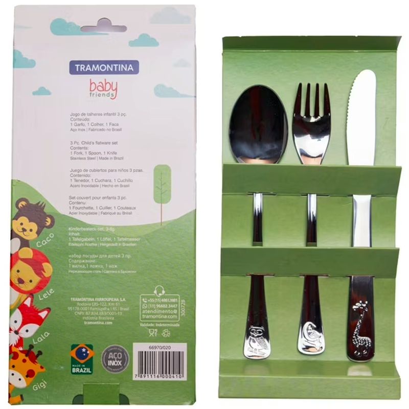 TRAMONTINA - Set de 3 cubiertos de metal para bebé 36 meses animalitos