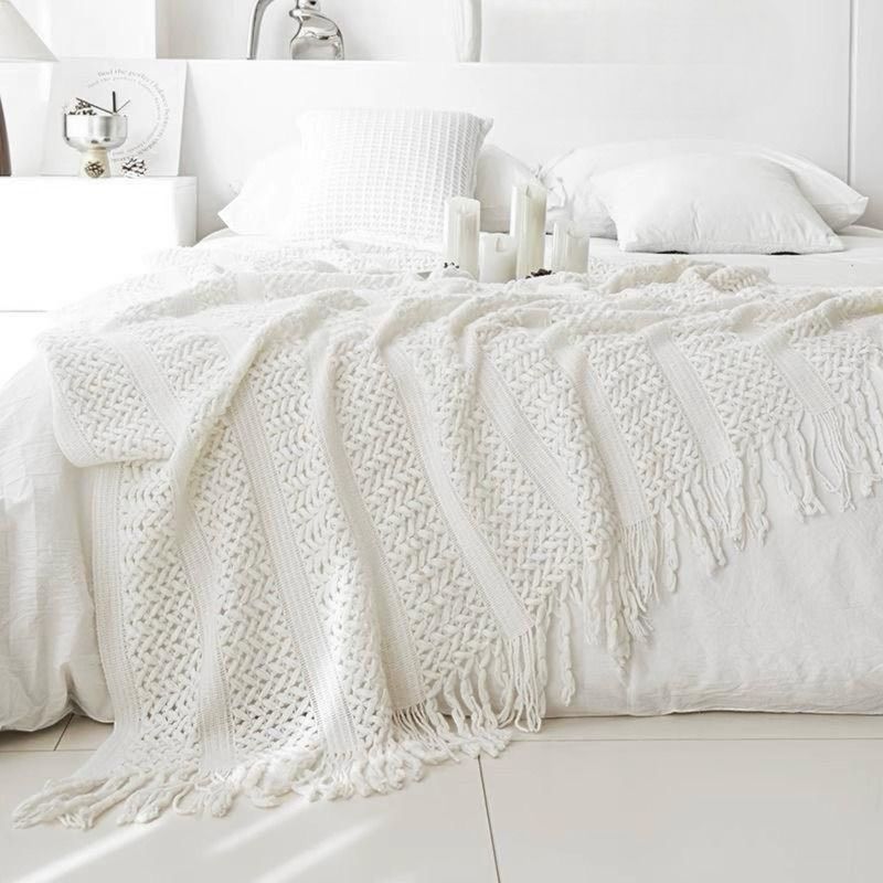 GENERICO - Manta Encaje De Lana Gruesa Tejida A Mano Premium 150x230cm Blanco