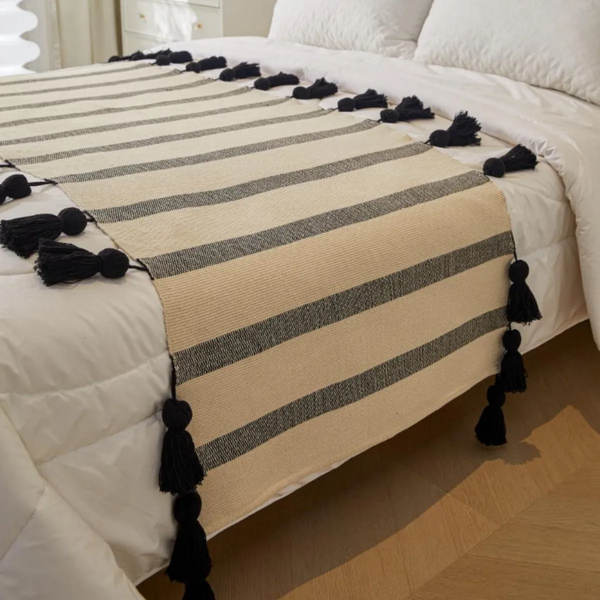 GENERICO - Piecera de Algodón-Lino Flecos Negro 70x210cm King