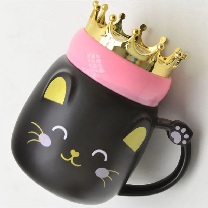 GENERICO - Taza Mug Gatito Con Corona Rey Reina Tazón Kawaii Catlover Negro