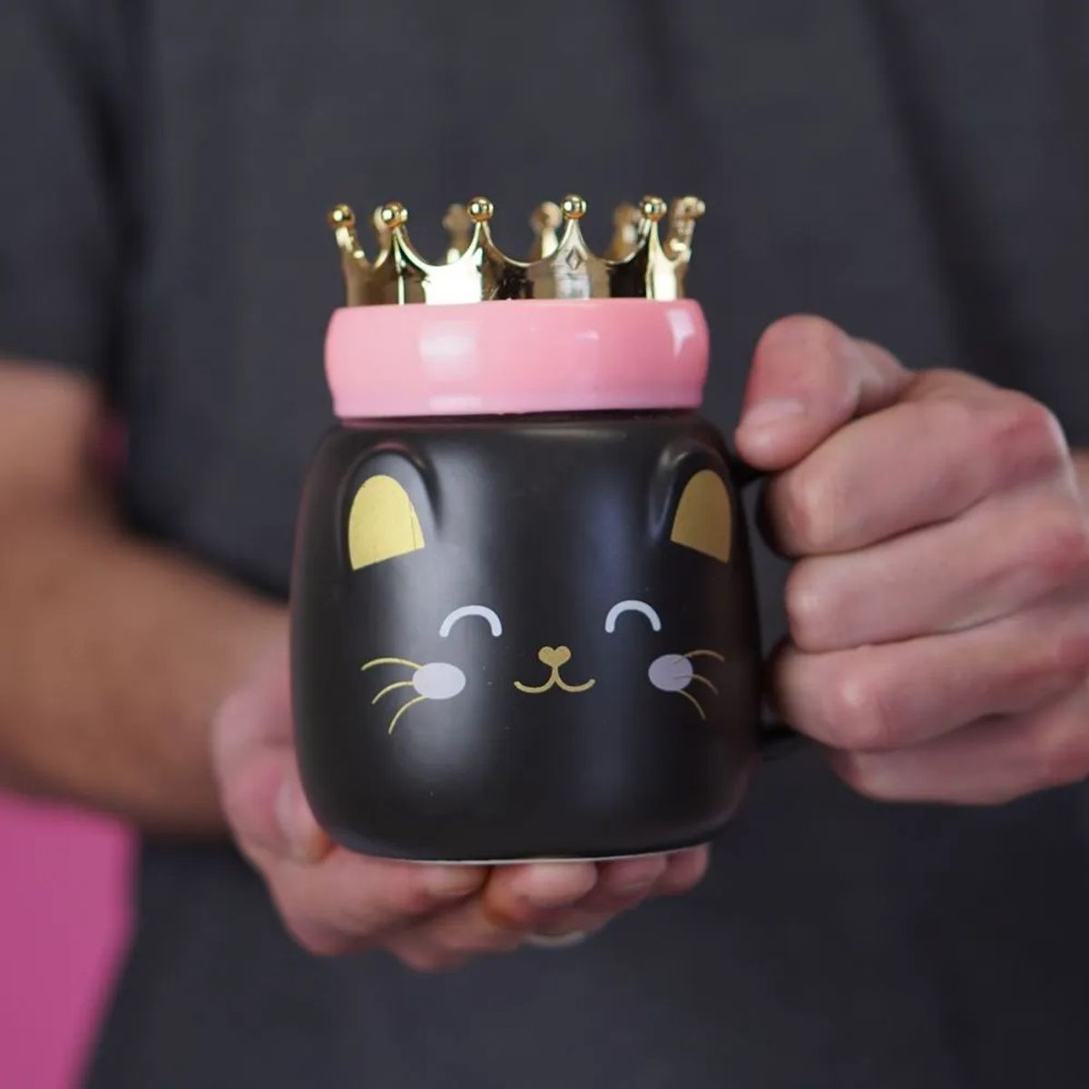 GENERICO - Taza Mug Gatito Con Corona Rey Reina Tazón Kawaii Catlover Negro