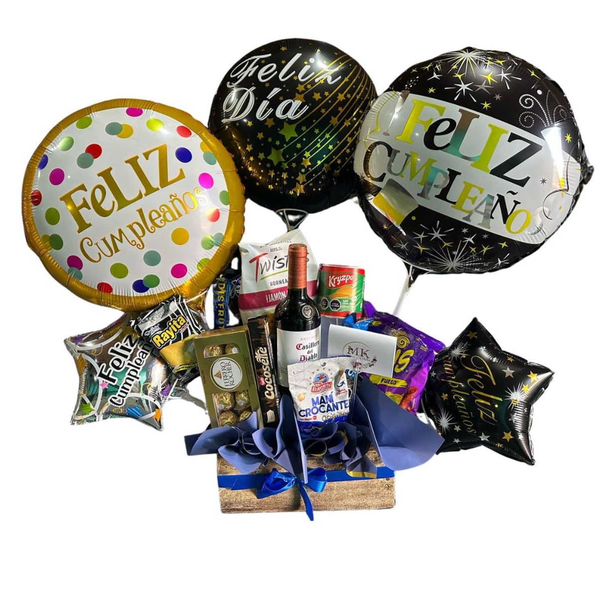 GENERICO - Arreglo de Cumpleaños Bombones Vino Dulces y Globos