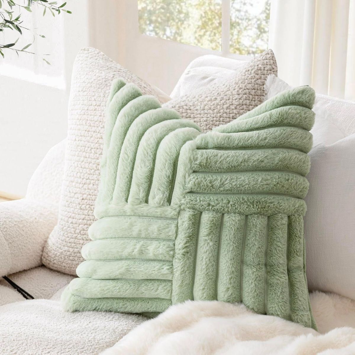 GENERICO - Pack De 02 Fundas De Cojín Pelo De Conejo De Imitación 45x45 Verde