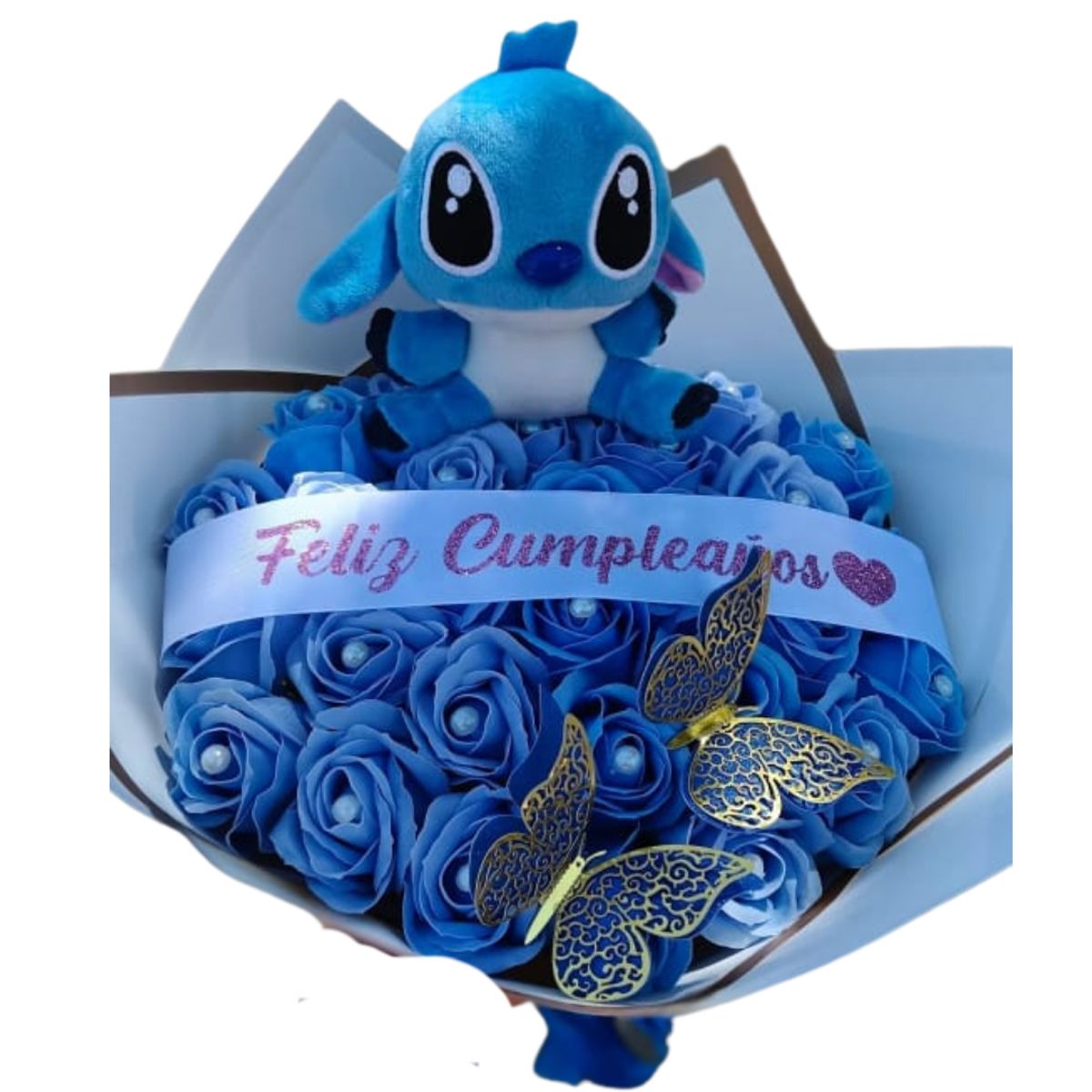 GENERICO - Bouquet de 50 Rosas Azules Eternas y Peluche Stitch