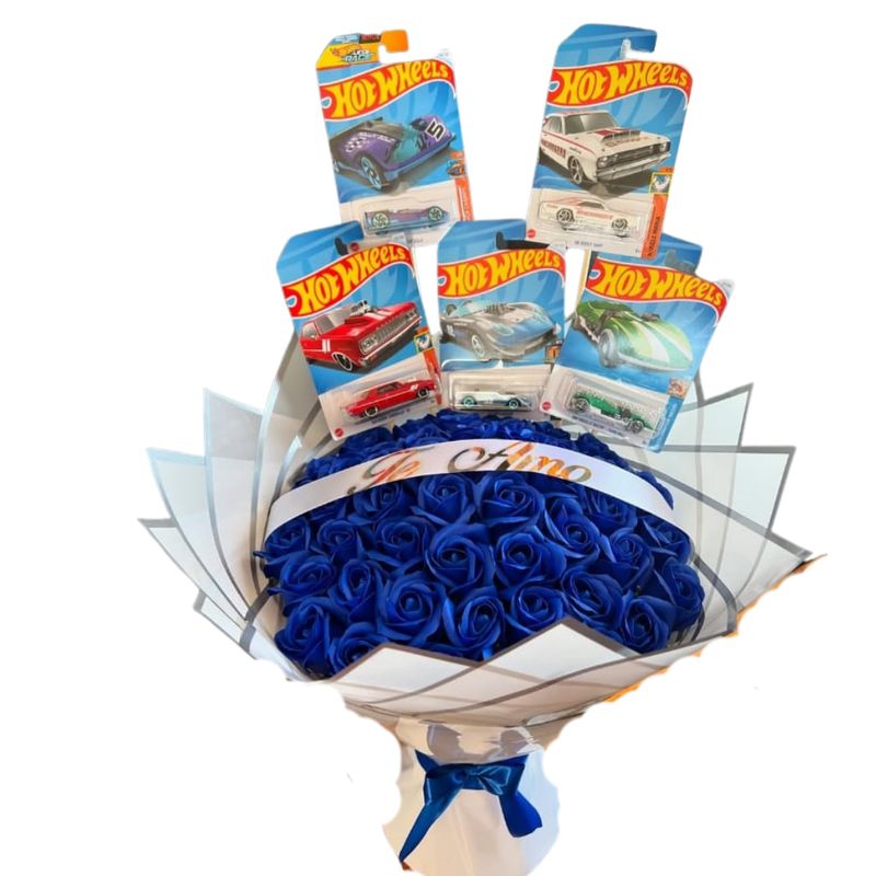 GENERICO - Bouquet de 50 Rosas Azules Eternas y 5 Carritos Hot Wheels
