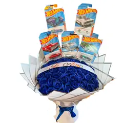 GENERICO - Bouquet de 50 Rosas Azules Eternas y 5 Carritos Hot Wheels