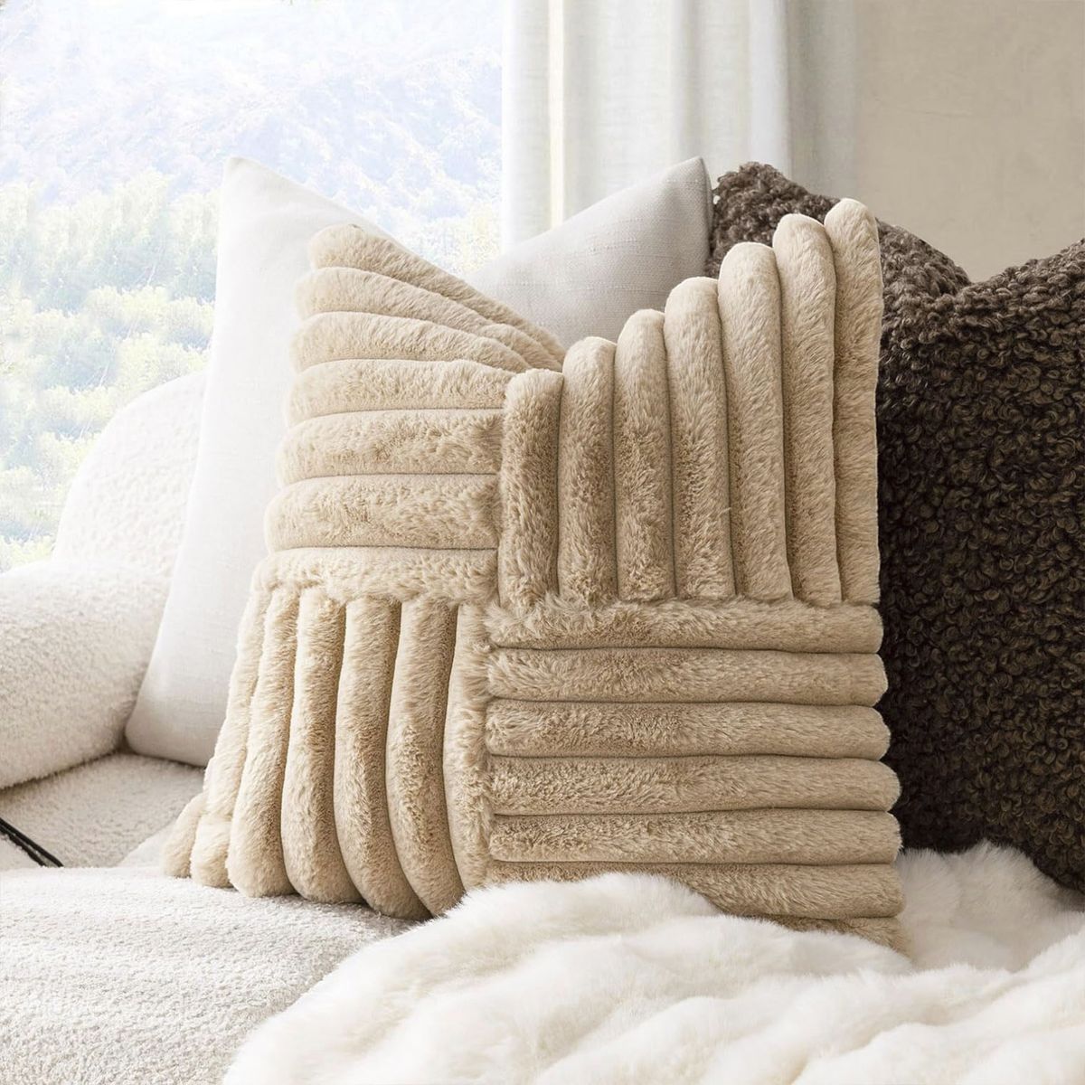 GENERICO - Pack De 02 Fundas De Cojín Pelo De Conejo De Imitación 45x45 Beige