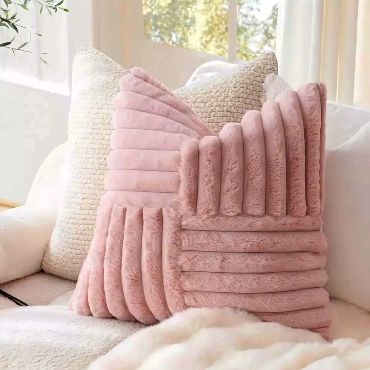 GENERICO - Pack De 02 Fundas De Cojín Pelo De Conejo De Imitación 45x45 Rosa