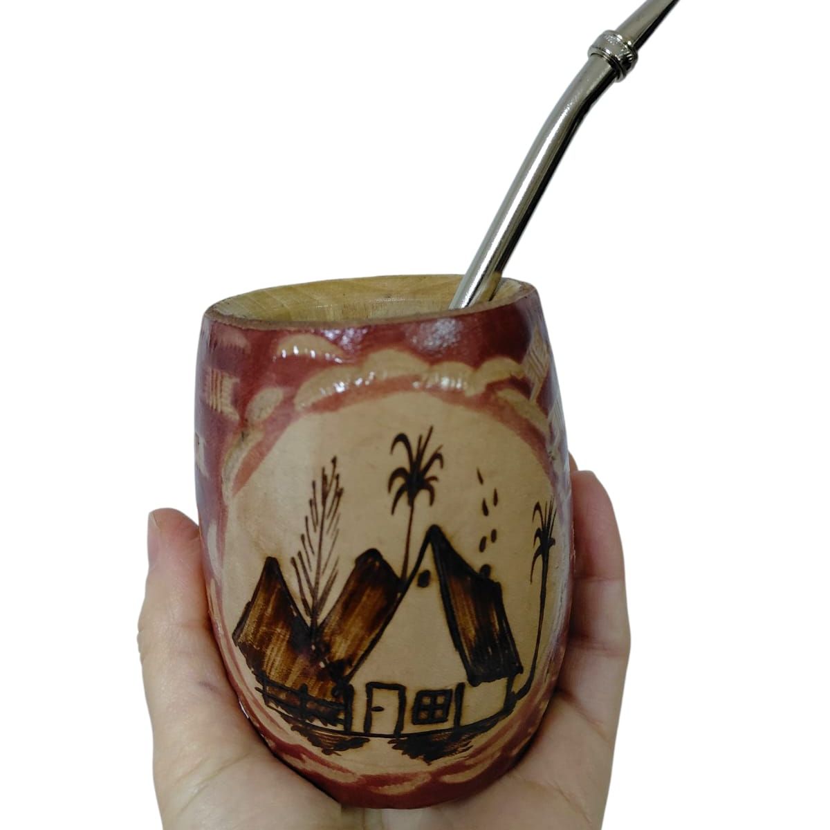 GENERICO - Mate De Madera Con Cuero  100ml  Con Bombilla