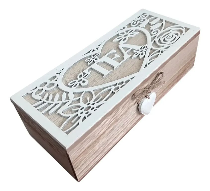 Caja De Te Mediana De Madera 3 Espacios Corazon Colgante - Blanco