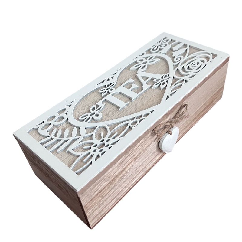 OEM - Caja De Té Mediana De Madera 3 Espacios Corazon Colgante