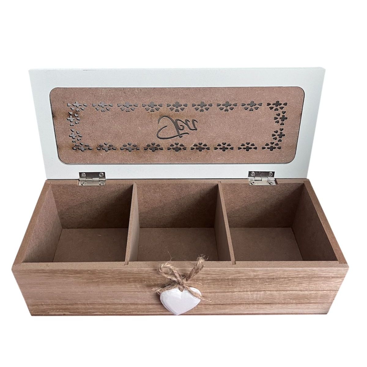 OEM - Caja De Té Mediana De Madera 3 Espacios Corazon Colgante