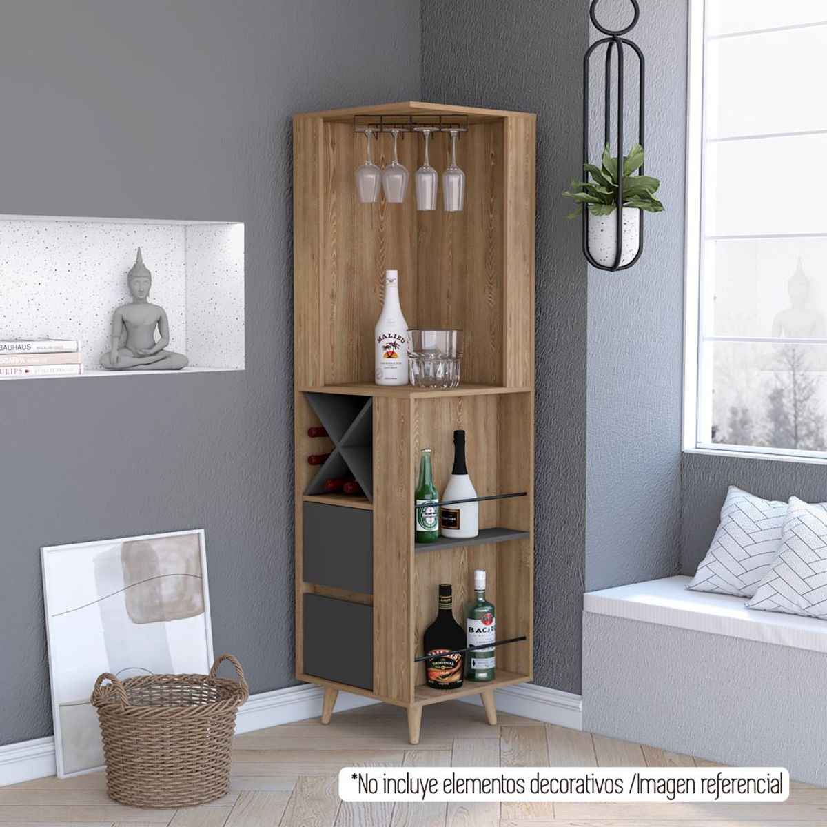 TUHOME - Bar Esquinero 2 Cajones Y Espacio Para Botellas Fm-004C - Cafe Claro