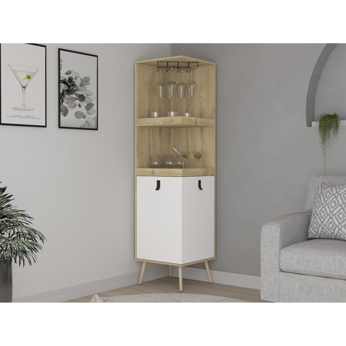 TUHOME - Bar Esquinero 6 Botelleros Y 2 Puertas Fm-012C Café Claro Y Blanco