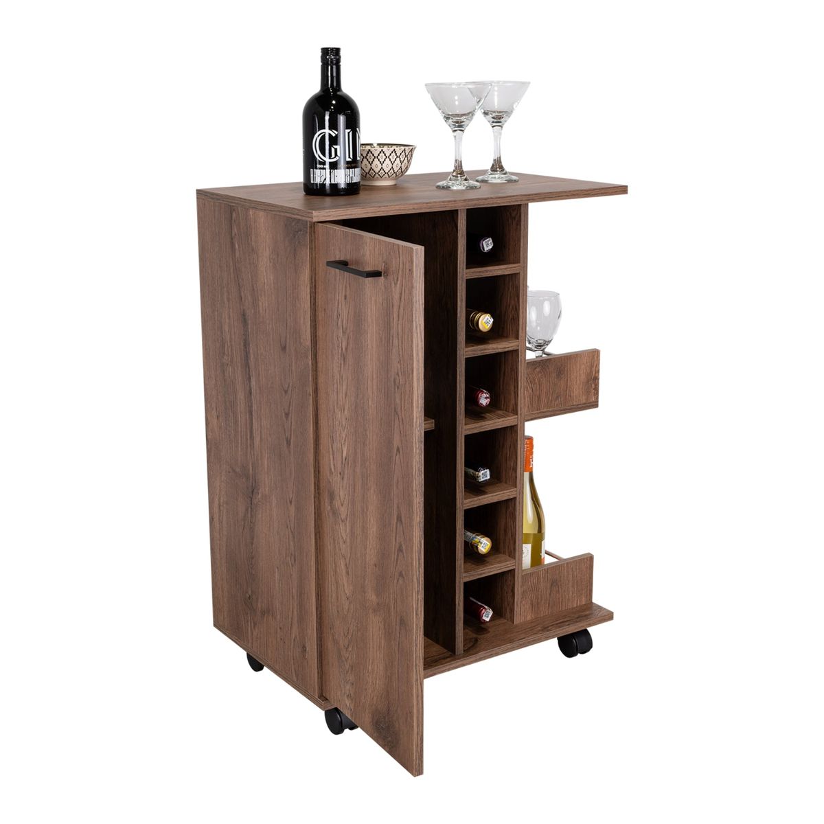 TUHOME - Mueble Bar Bajo Andorra 1 Puerta Bellota Con Ruedas