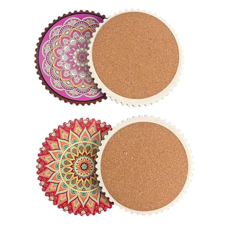 GENERICO - Set 4 Posavasos Ceramica Y Corcho 4 Piezas Mandala