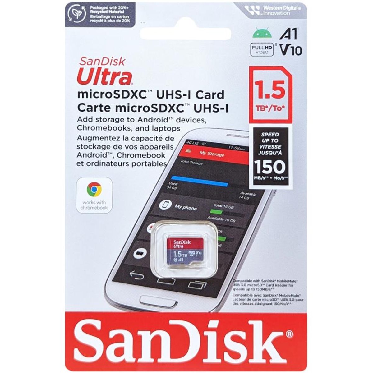 SANDISK - Memoria Micro SD Sandisk Ultra 1.5 TB 150MB/s C10, A1, Full HD