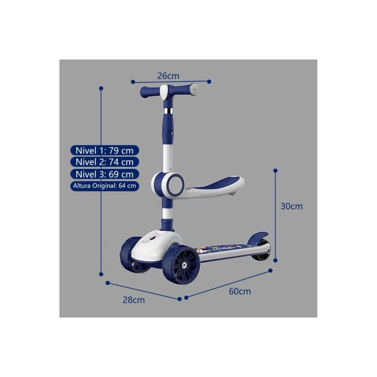 GENERICO - Scooter Monopatín Ruedas Led Musical Plegable Niño Regulable azul