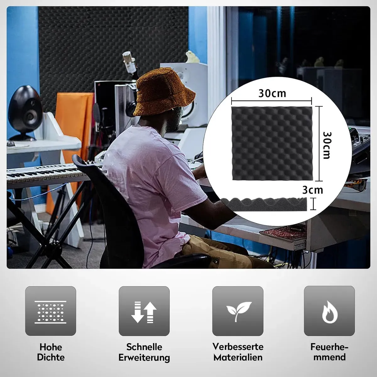 KUANGYE - 36 Paneles Acústicos Espuma Acústica,material Acústico Nergo 30x30x3cm