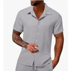 XPRESS RECHARGE - Camisa negra de lino para hombre manga corta de alta calidad