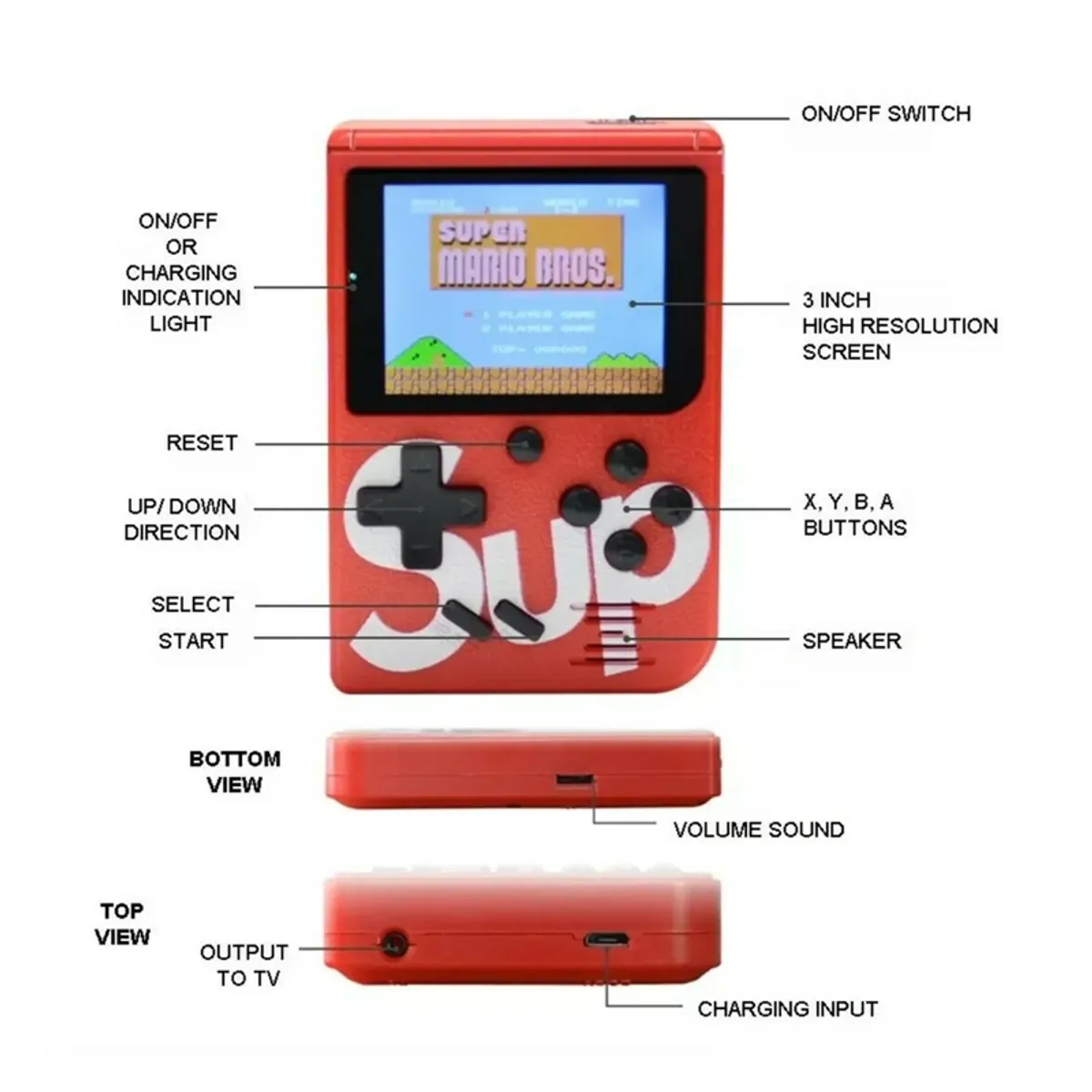 BRO TOUMI - Consola Retro Portátil SUP 3" 400 in 1 Juegos - Rojo