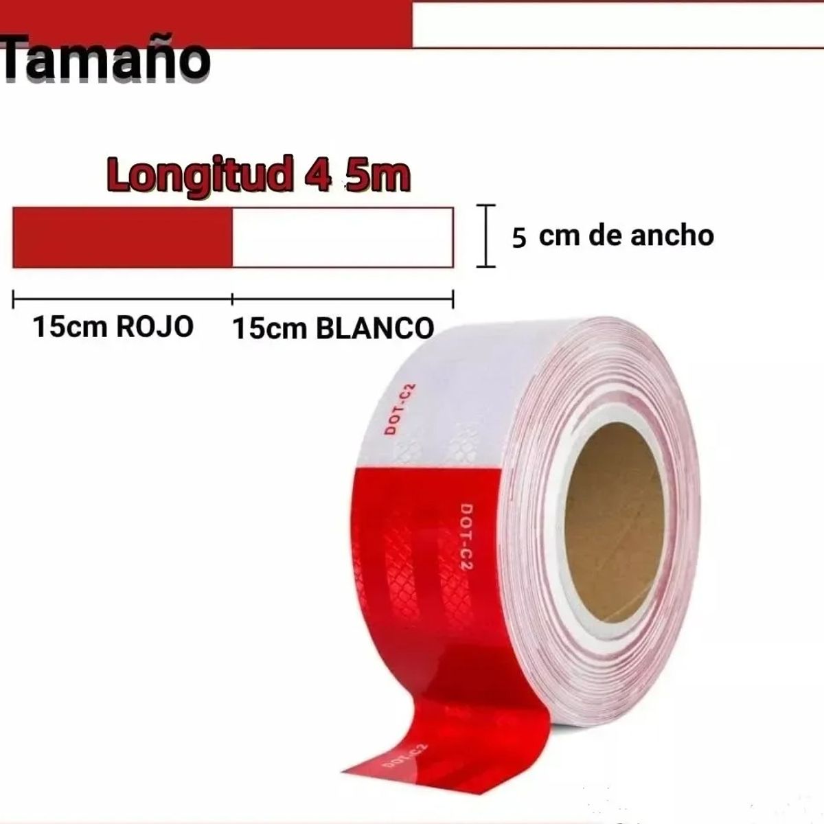 GENERICO - Cinta Reflectante Seguridad Rojo Blanco 45 Mts Dot C2 Legal