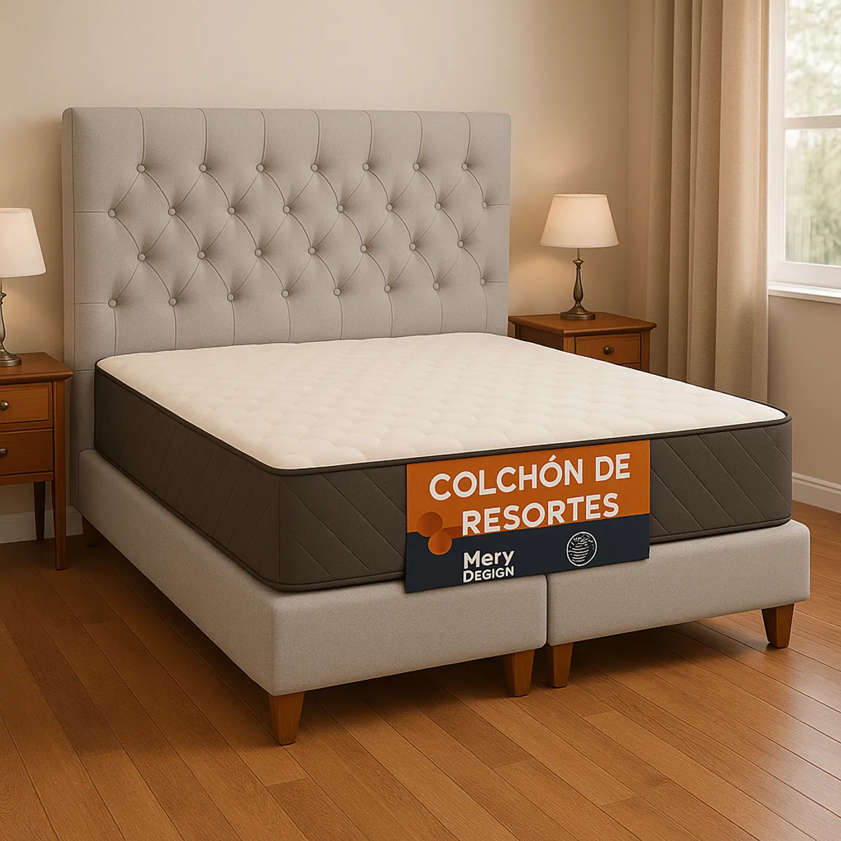 GENERICO - Cama 2 Plazas Modelo Capitone Gris Claro + Colchon Mery Desing