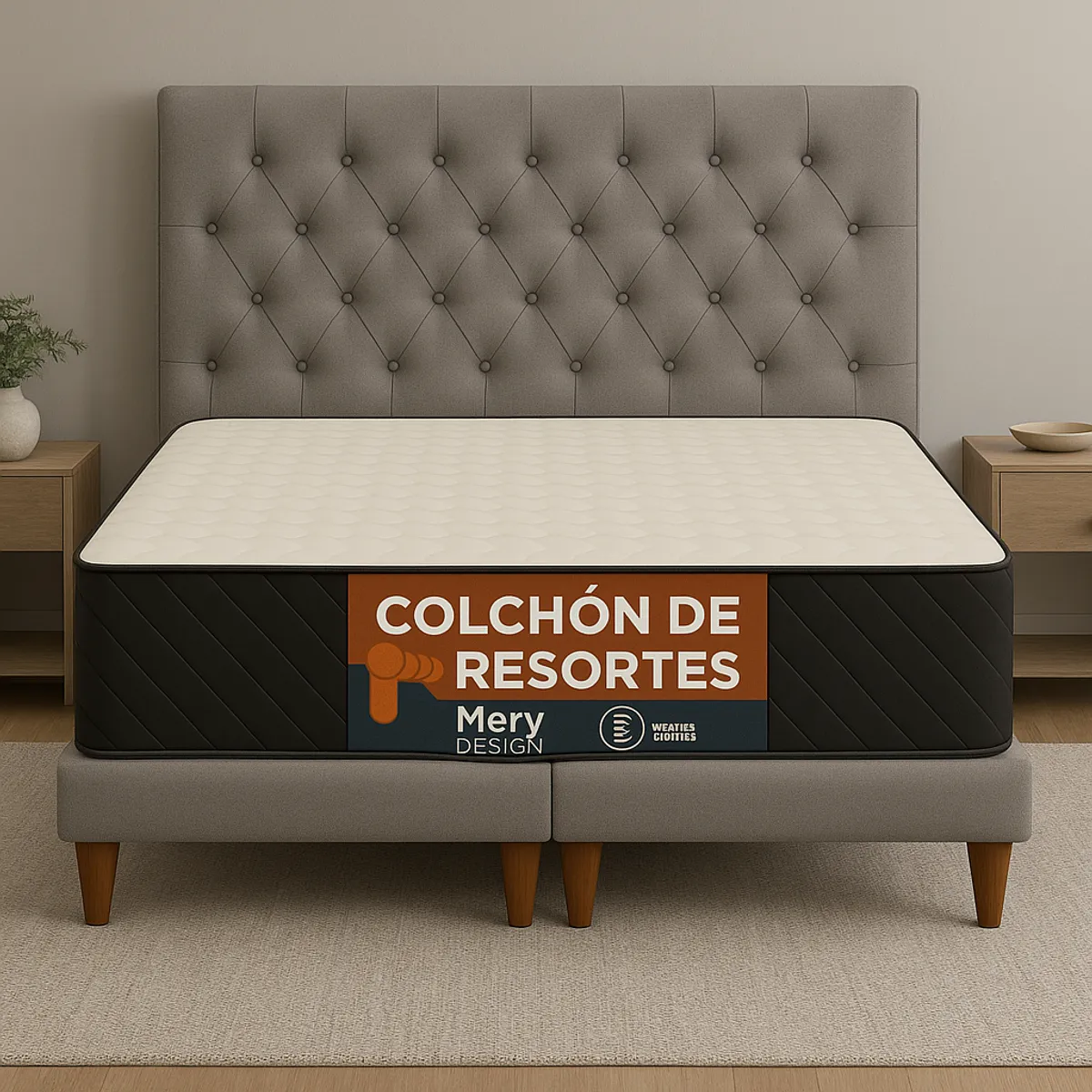 GENERICO - Cama 2 Plazas Modelo Capitone Gris Claro + Colchon Mery Desing