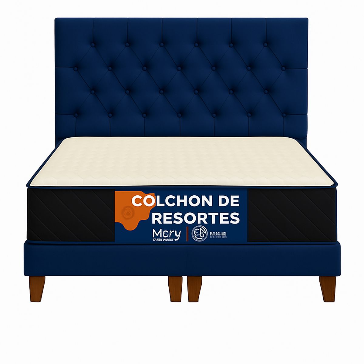 GENERICO - Cama 2 Plazas Capitone Azul Capitone + Colchon 2P Mery Desing