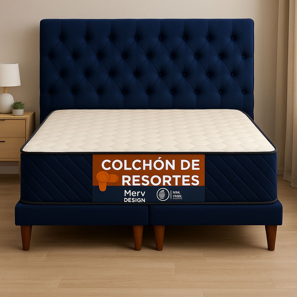 GENERICO - Cama 2 Plazas Capitone Azul Capitone + Colchon 2P Mery Desing