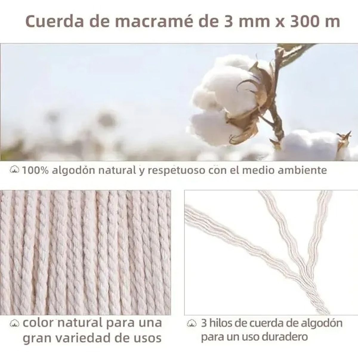 GENERICO - Cordón Para Macramé De 3 Mm Rollo De 300 Metros 100% Algodon