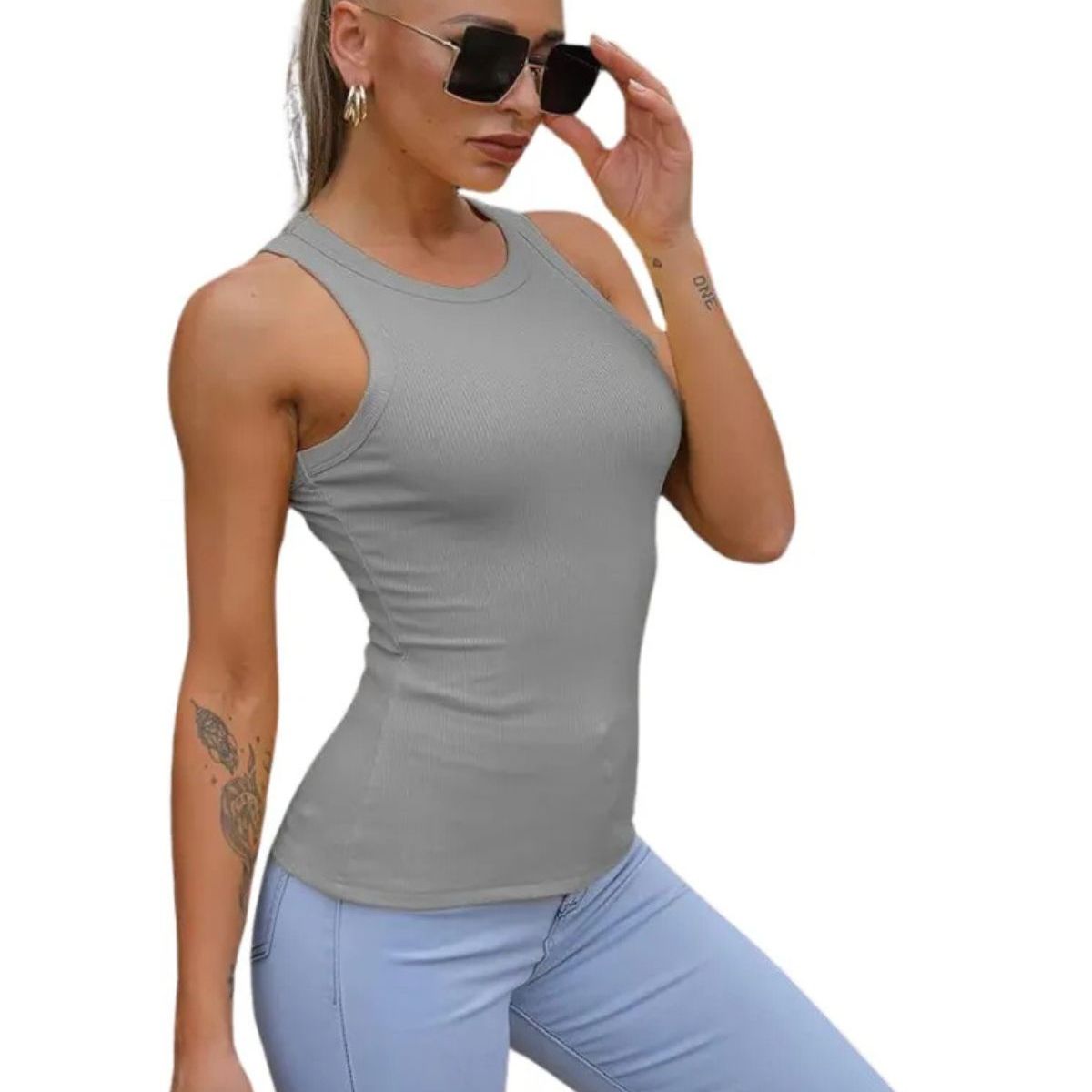 LOOK SHOP - Top Acanalado. Camiseta Sin Mangas Mujer, Polera Básica 001