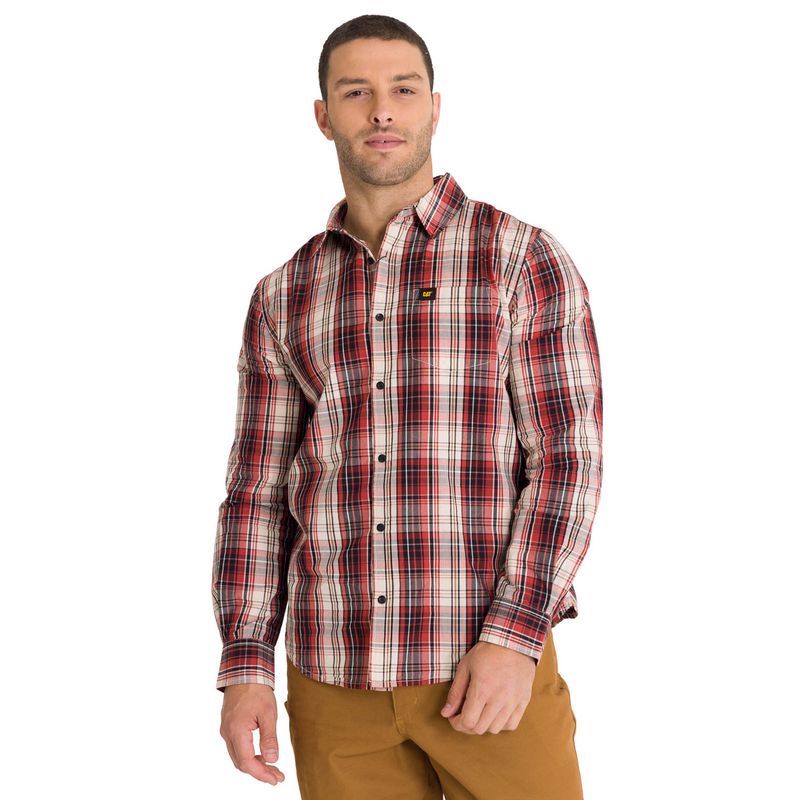 CAT - Camisa Manga Larga Casual Plaid Poplin Hombre Rojo CAT