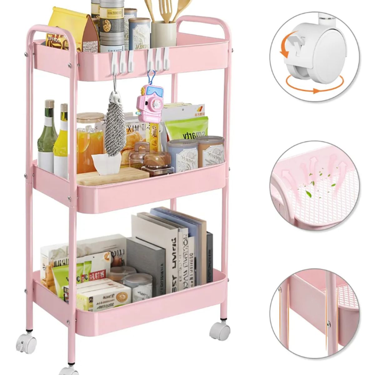 GENERICO - Carrito Carro Organizador Con Rueda Multiuso 3 Niveles Color rosa