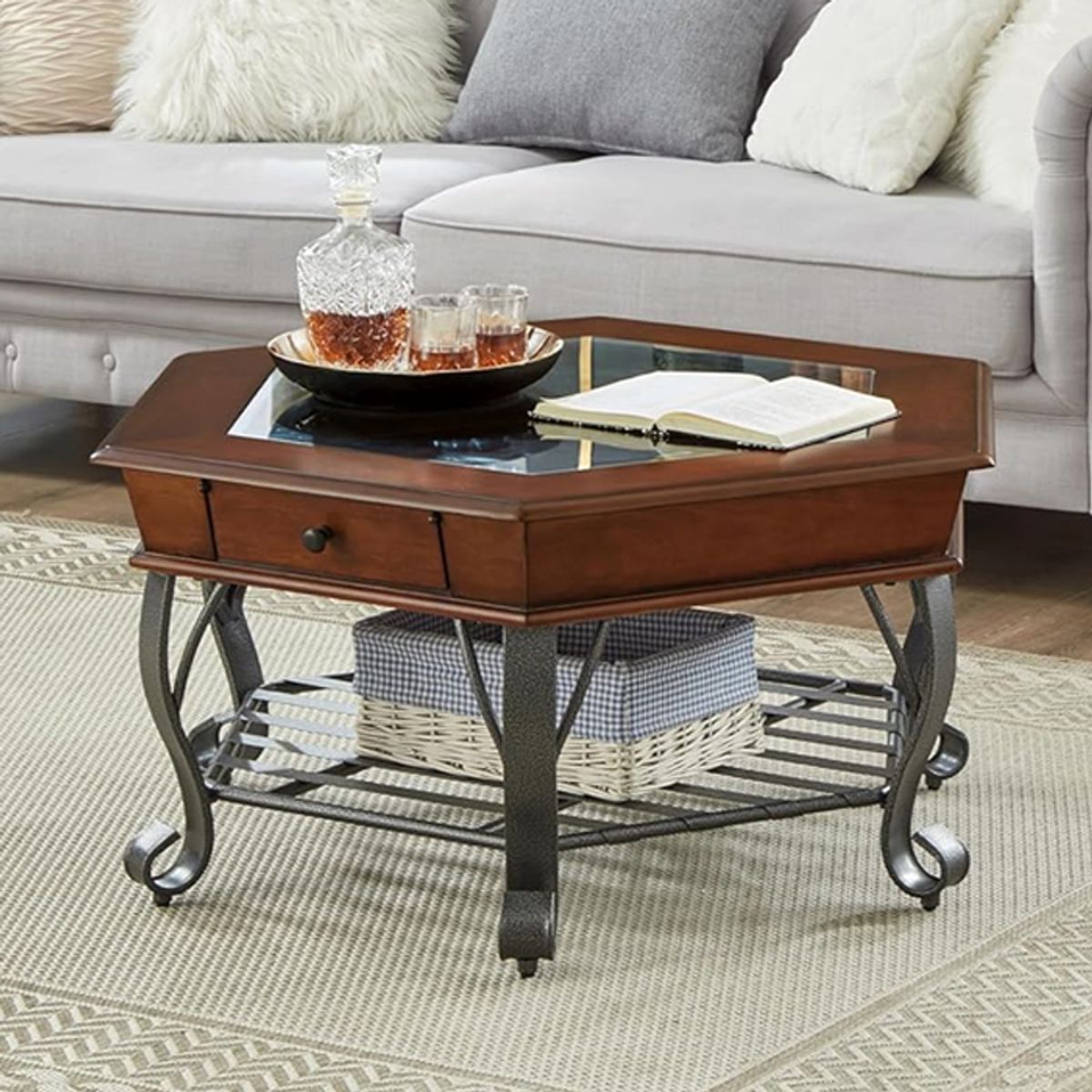 MSA MUEBLES SANTA ANA - Mesa Centro Hexagonal Madera Vidrio