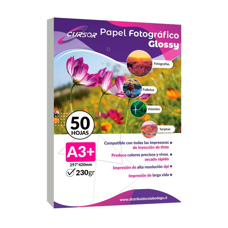 CURSOR - Papel Fotografico Glossy Brillante A3+ 33x48 230gr 50 Hojas