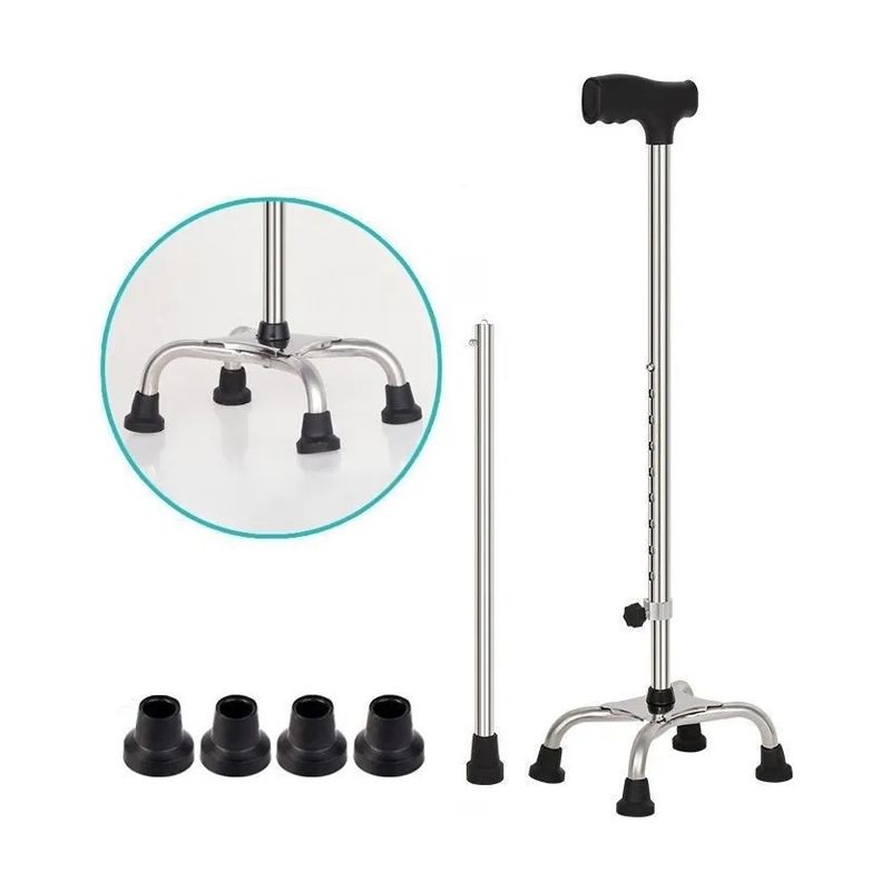 GENERICO - Bastón Muleta Acero Inox T Negro Ortopédico Regulable+4 Patas Repuesto