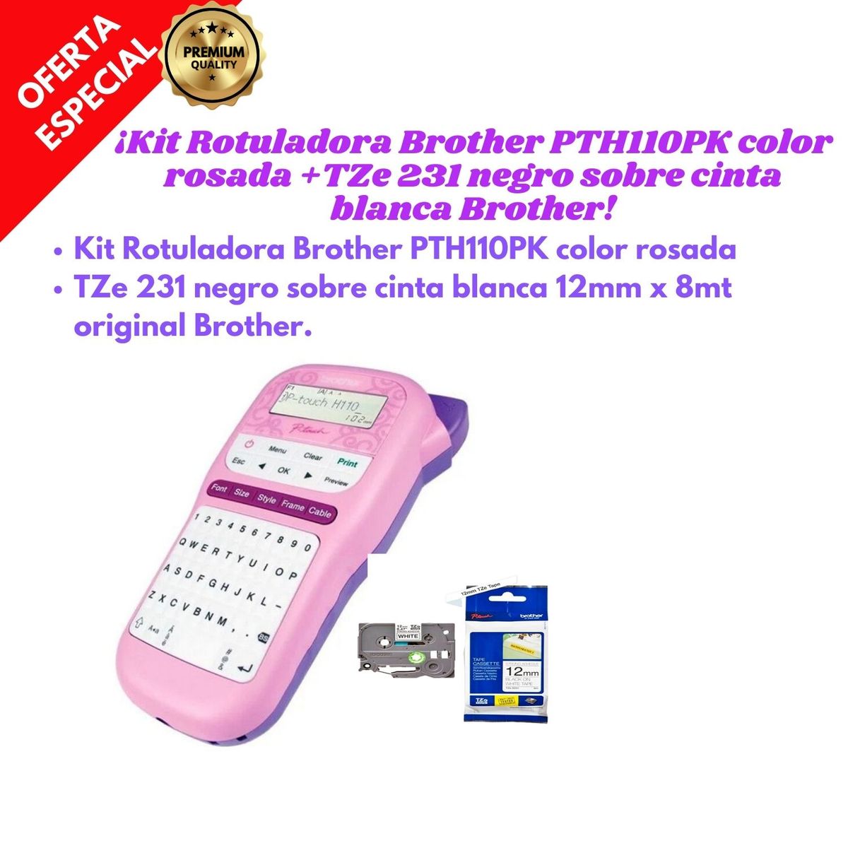 BROTHER - Rotuladora Brother PTH110PK rosada +TZe 231 Brother