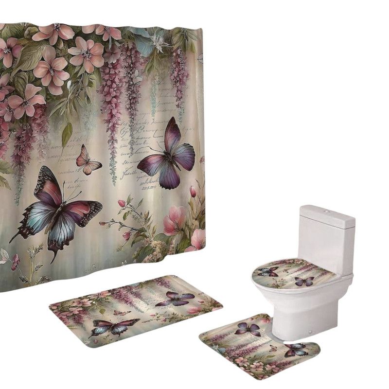 GENERICO - Juego De Baño Set De 4 Piezas Cortina + Tapa WC + 2 Alfombras