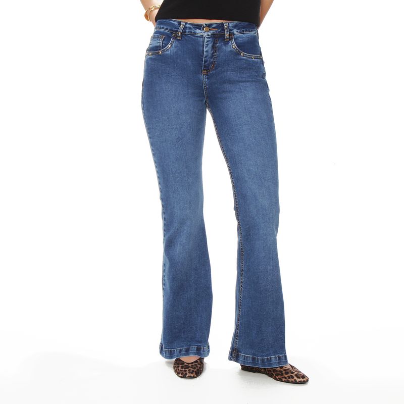 WADOS - JEANS FLARE TIRO ALTO PRETINA BASICA 1 BOTON APLICACION STRASS
